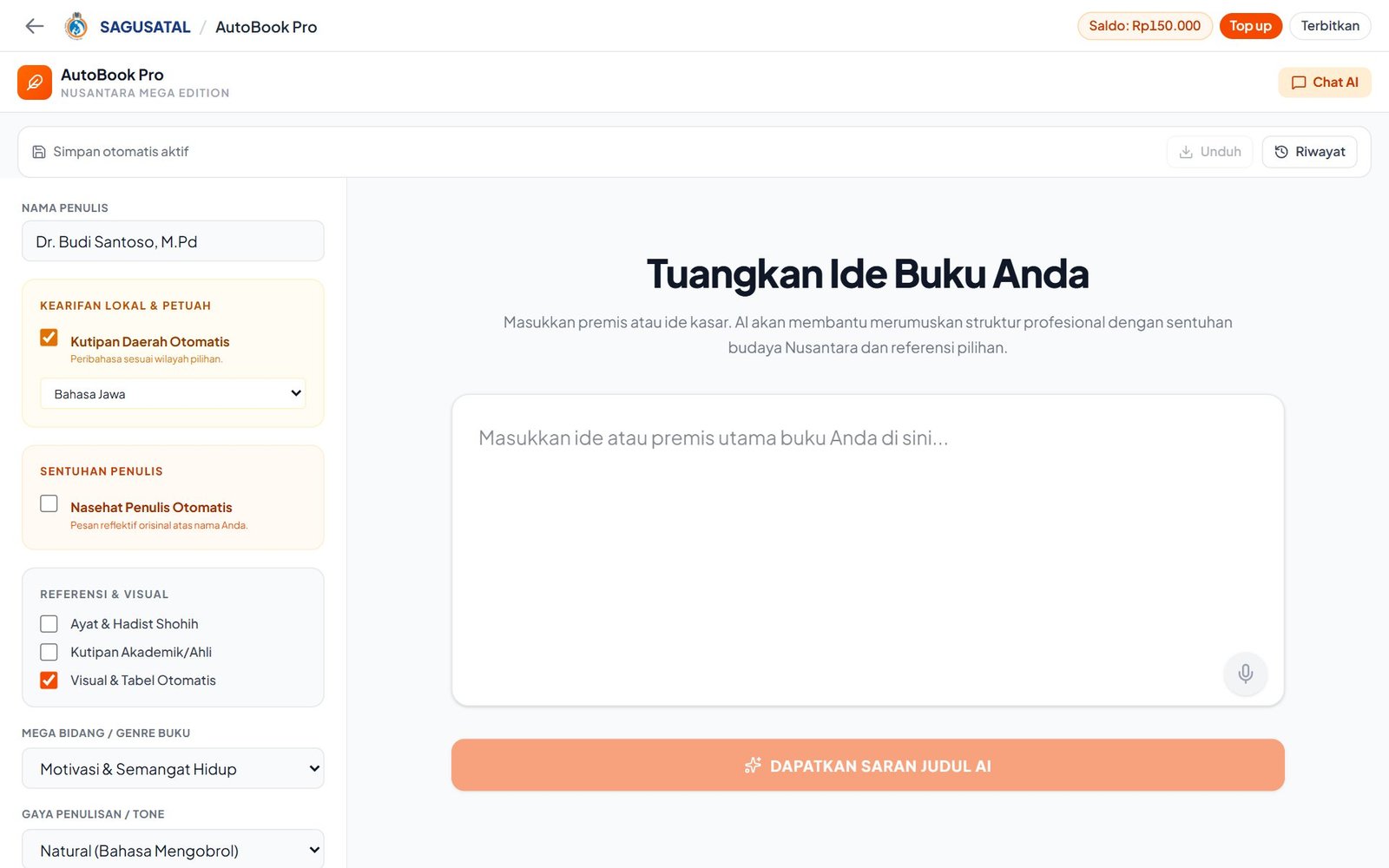AutoBook Pro: pengaturan di kiri, area kerja di kanan, bilah saldo dan tombol Terbitkan di atas