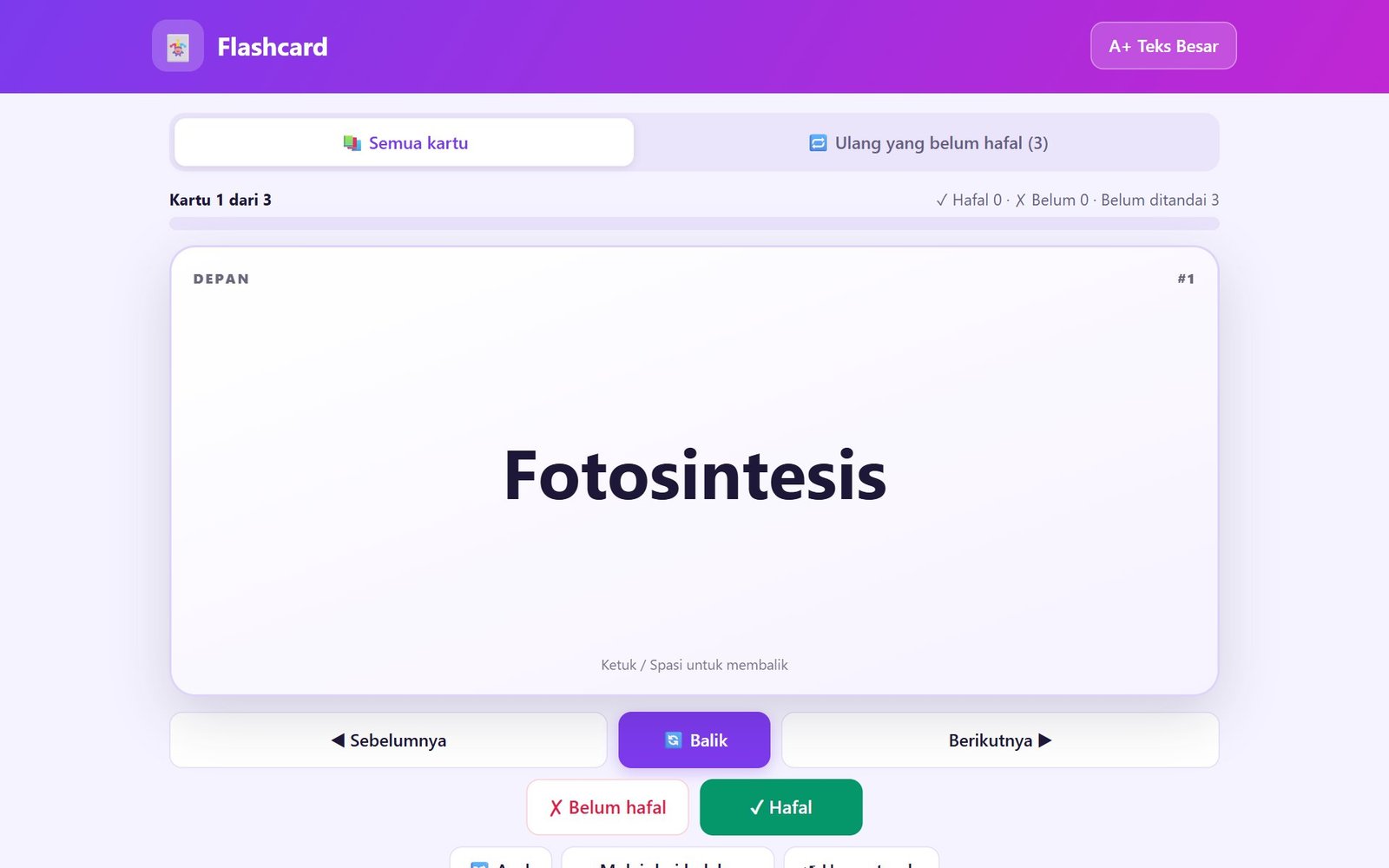 Tampilan Flashcard dengan kartu bolak-balik dan tombol Hafal atau Belum hafal