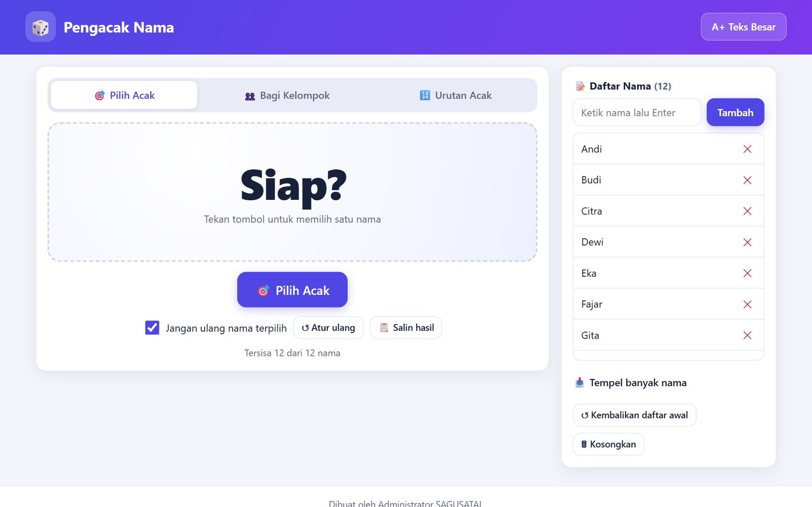 Tampilan aplikasi Pengacak Nama dengan tab Pilih Acak, Bagi Kelompok, dan Urutan Acak