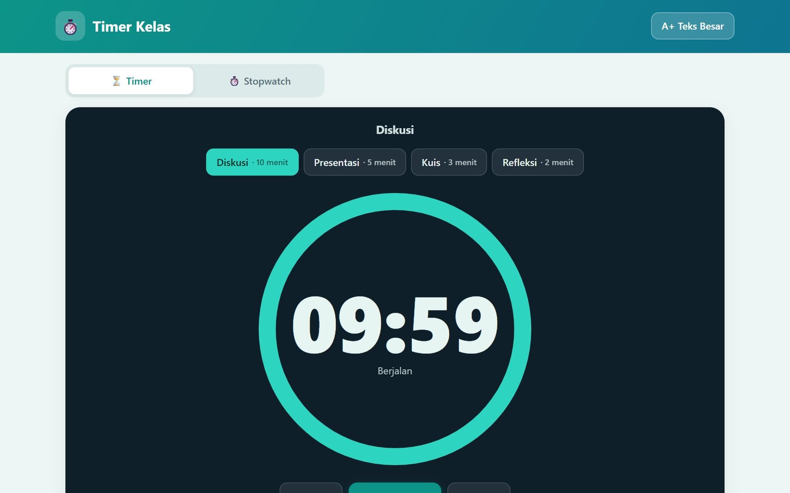 Tampilan Timer Kelas dengan hitung mundur besar, tombol preset, dan tab Stopwatch
