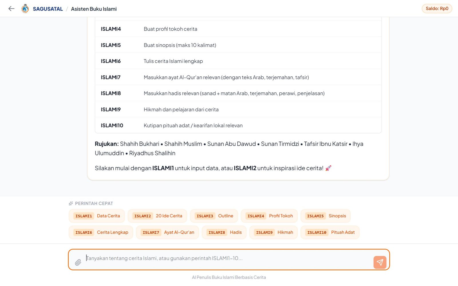 Mode Chat AI Asisten Buku Islami dengan perintah ISLAMI1 sampai ISLAMI10