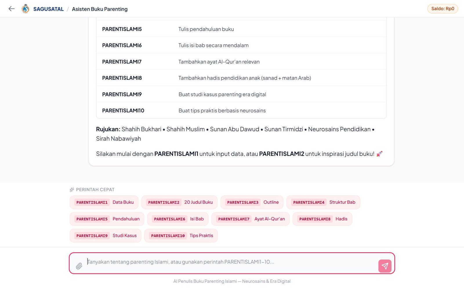 Mode Chat AI Asisten Buku Parenting dengan perintah PARENTISLAMI1 sampai PARENTISLAMI10