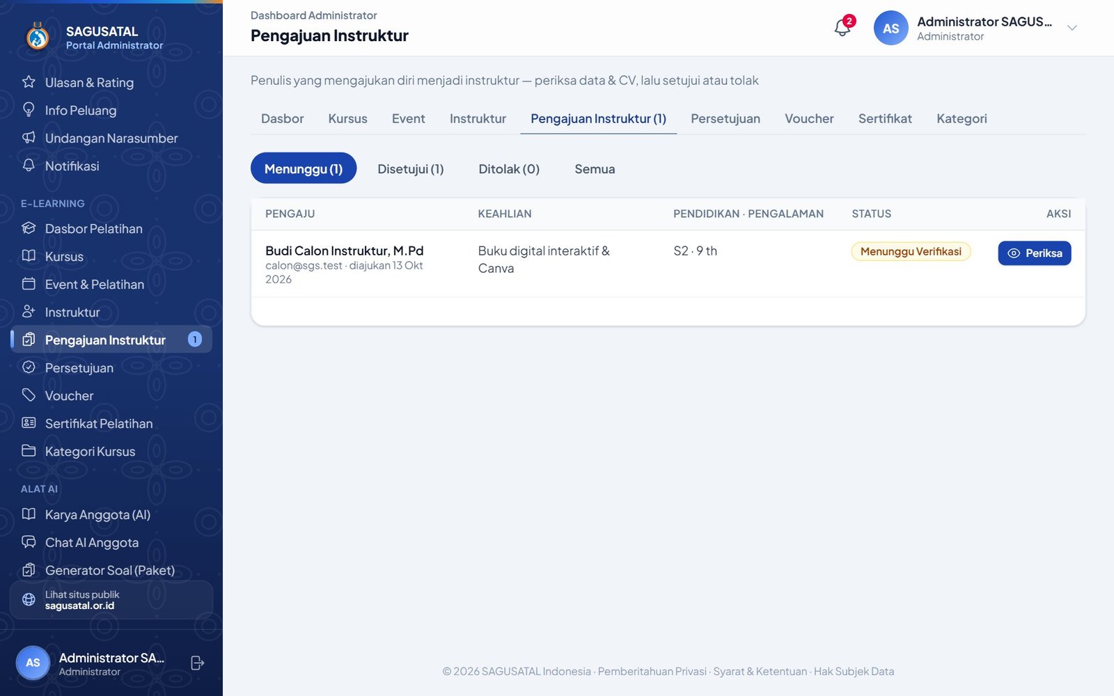 Antrean Pengajuan Instruktur yang ditinjau admin