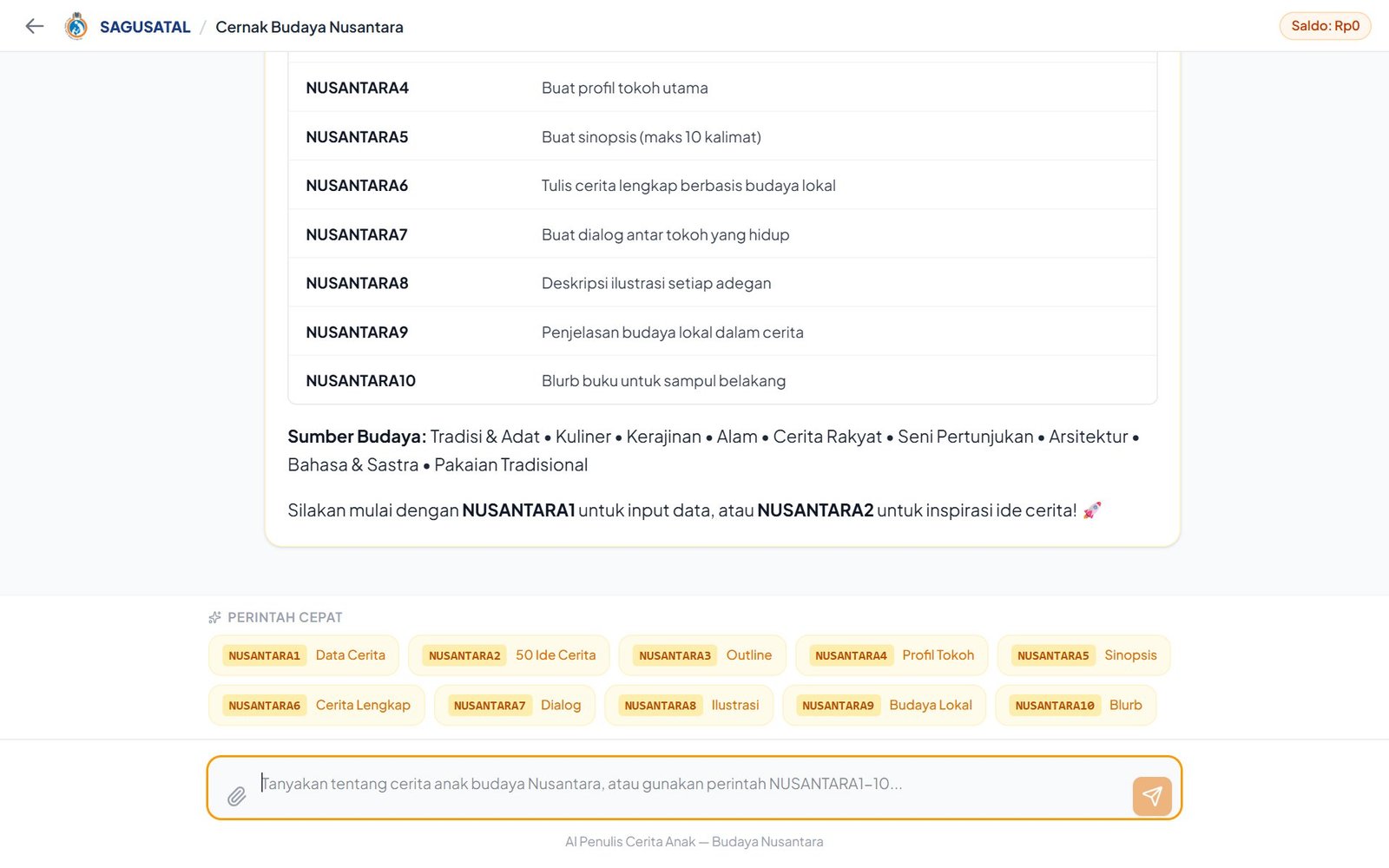 Mode Chat AI dengan perintah cepat NUSANTARA1 sampai NUSANTARA10