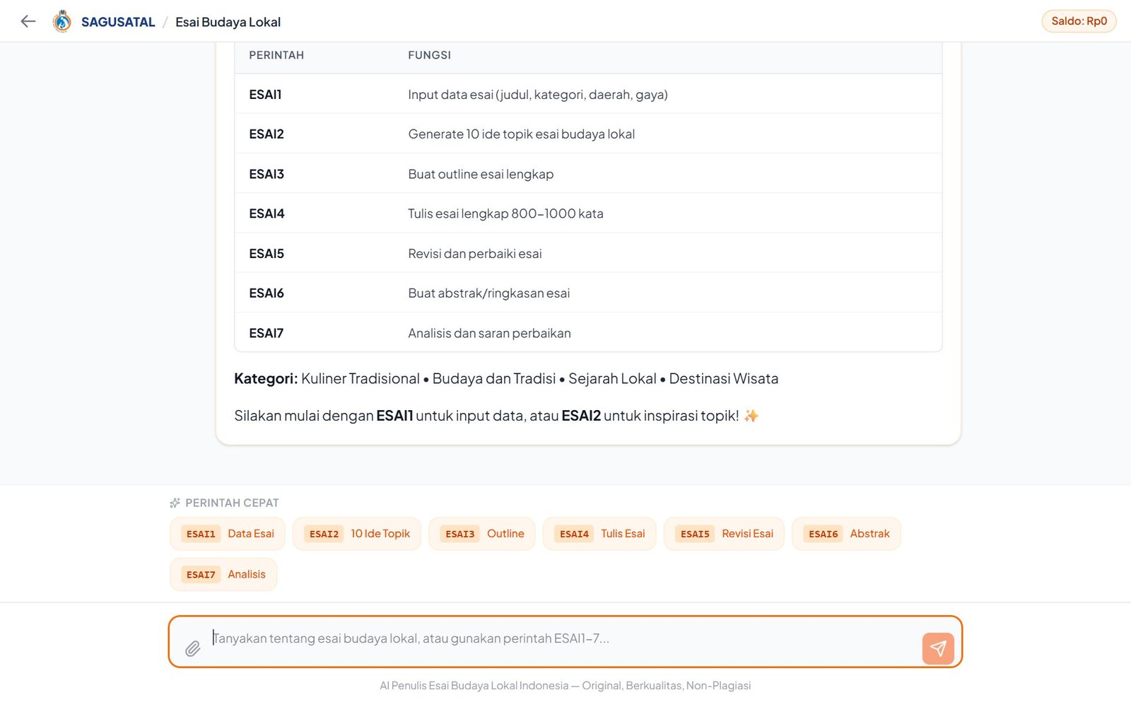 Mode Chat AI Esai Budaya Lokal dengan perintah ESAI1 sampai ESAI7