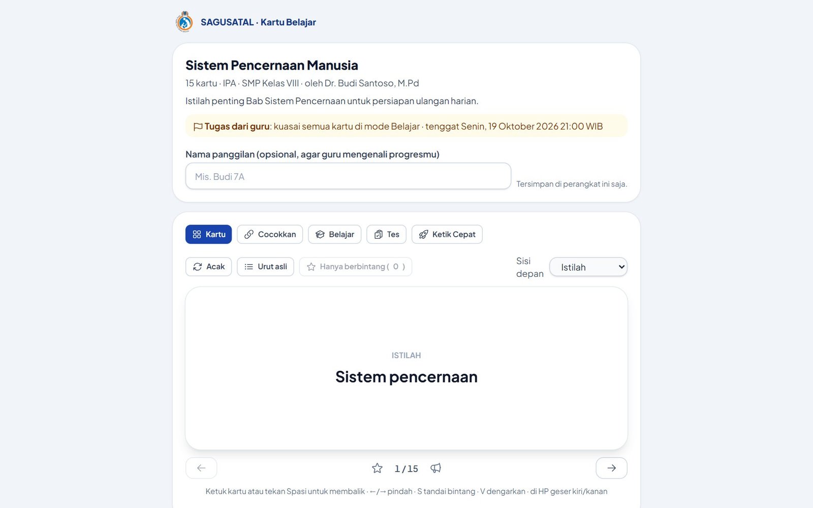 Halaman siswa tanpa akun: label tugas, nama panggilan opsional, pilihan lima mode, dan mode Kartu
