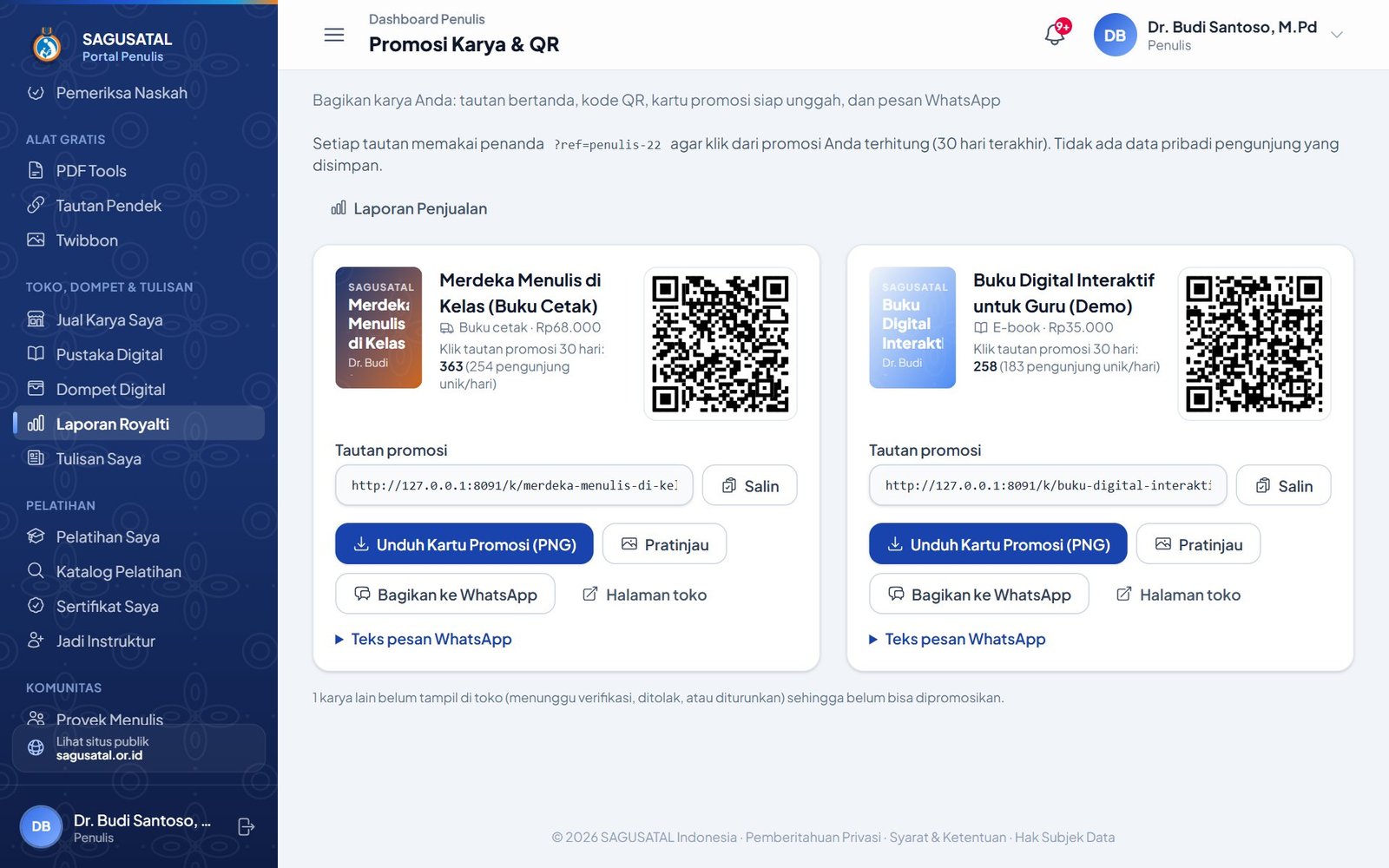 Promosi Karya & QR: tautan bertanda, kode QR, kartu promosi, dan tombol WhatsApp