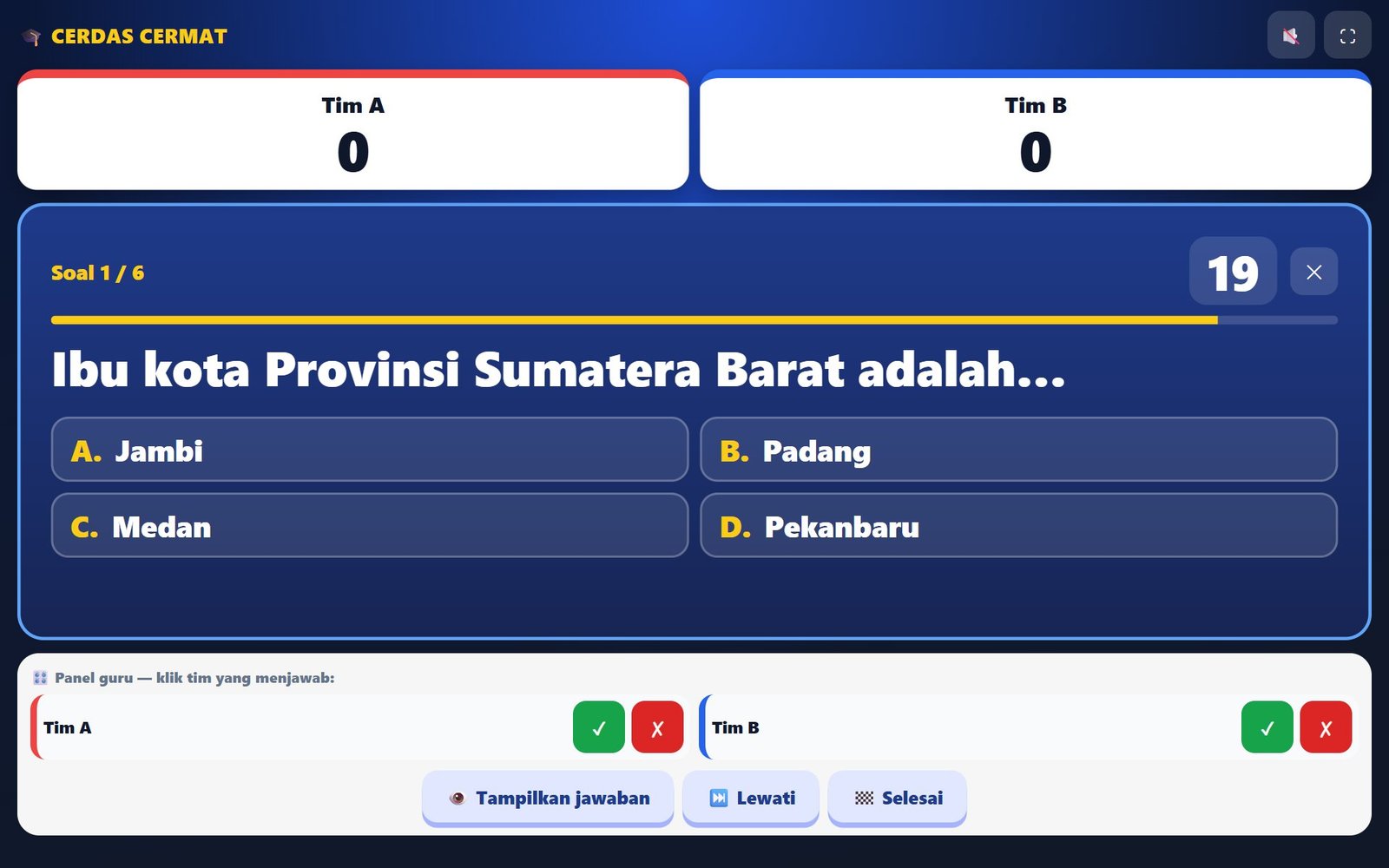 Tampilan permainan Cerdas Cermat Tim saat dimainkan siswa