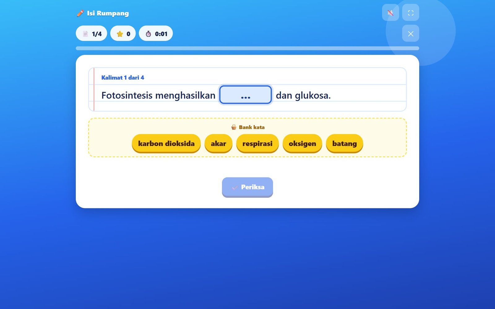 Permainan Isi Rumpang dengan pilihan mode Pilih kata atau Ketik