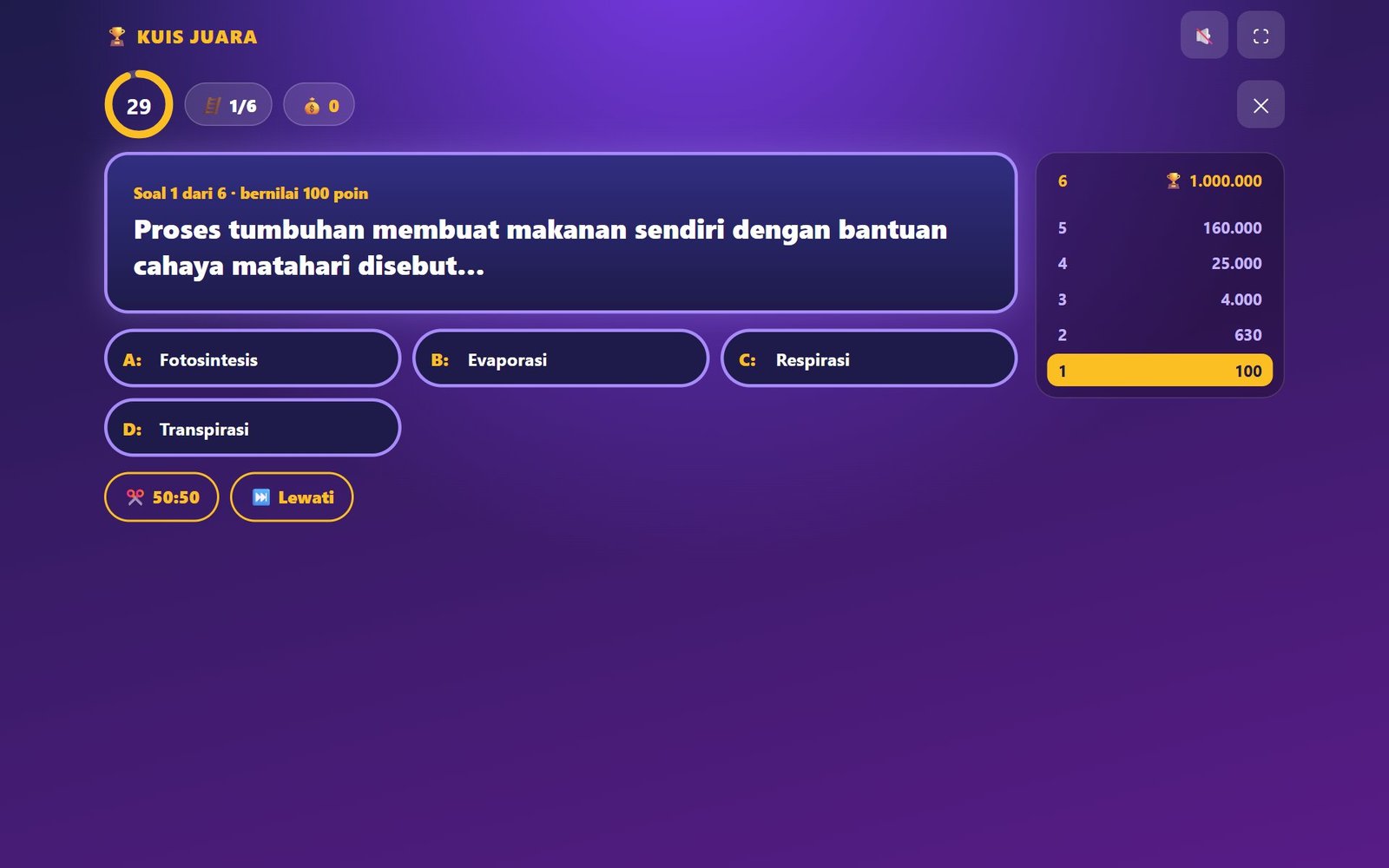 Tampilan permainan Kuis Juara saat dimainkan siswa