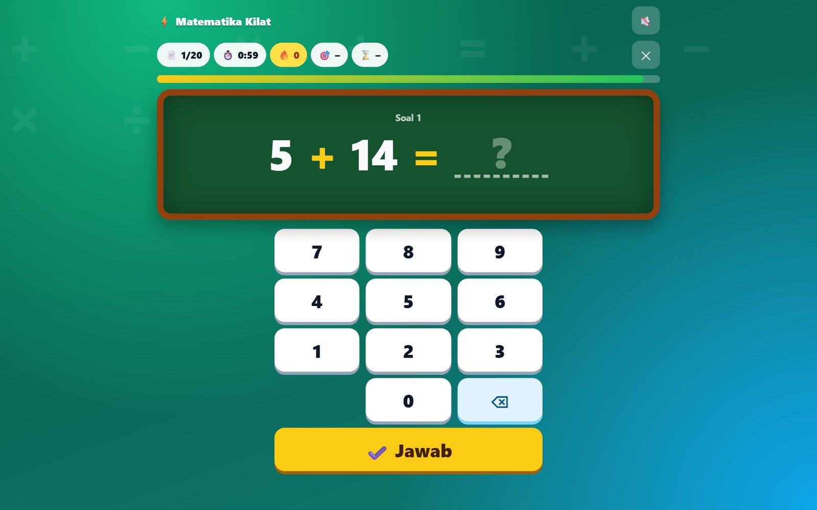 Layar latihan Matematika Kilat dengan papan tulis soal