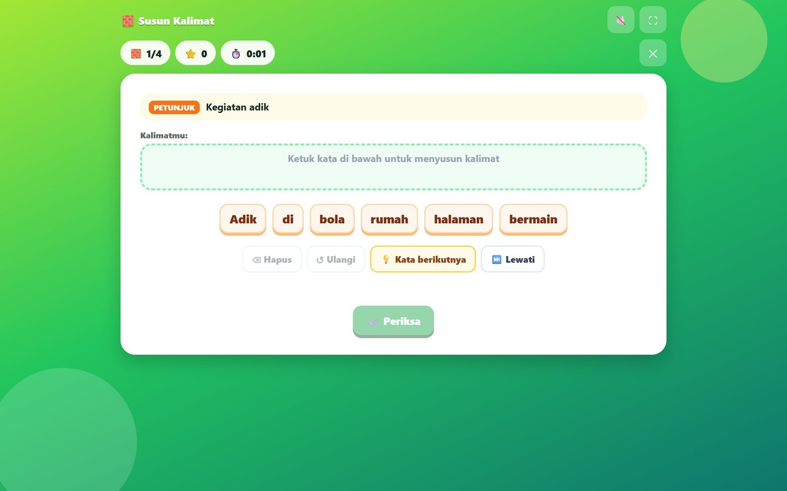 Permainan Susun Kalimat dengan contoh kalimat tiga bahasa