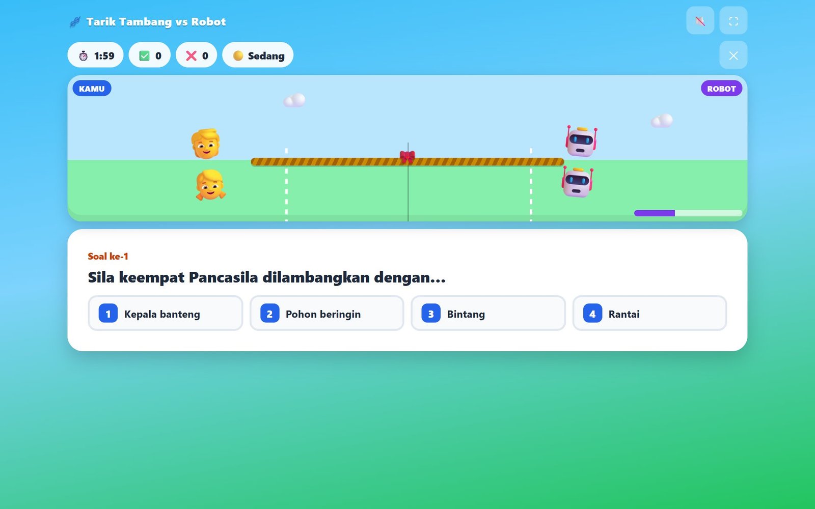Tampilan permainan Tarik Tambang vs Robot saat dimainkan siswa