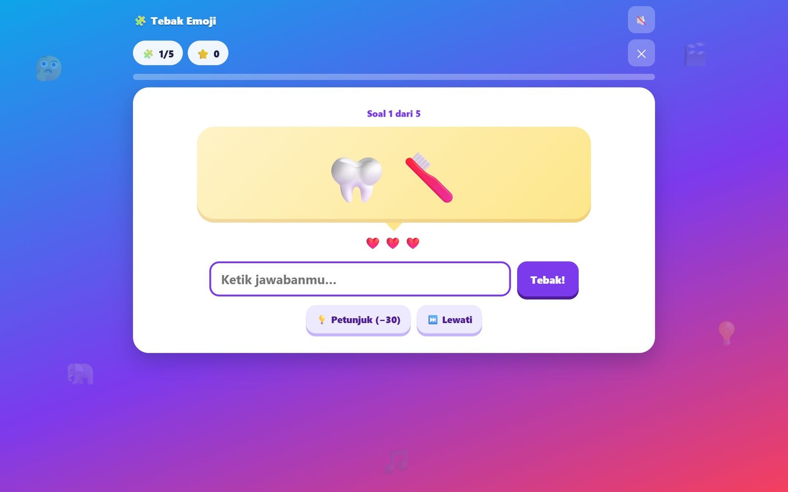 Permainan Tebak Emoji dengan tiga kesempatan per soal