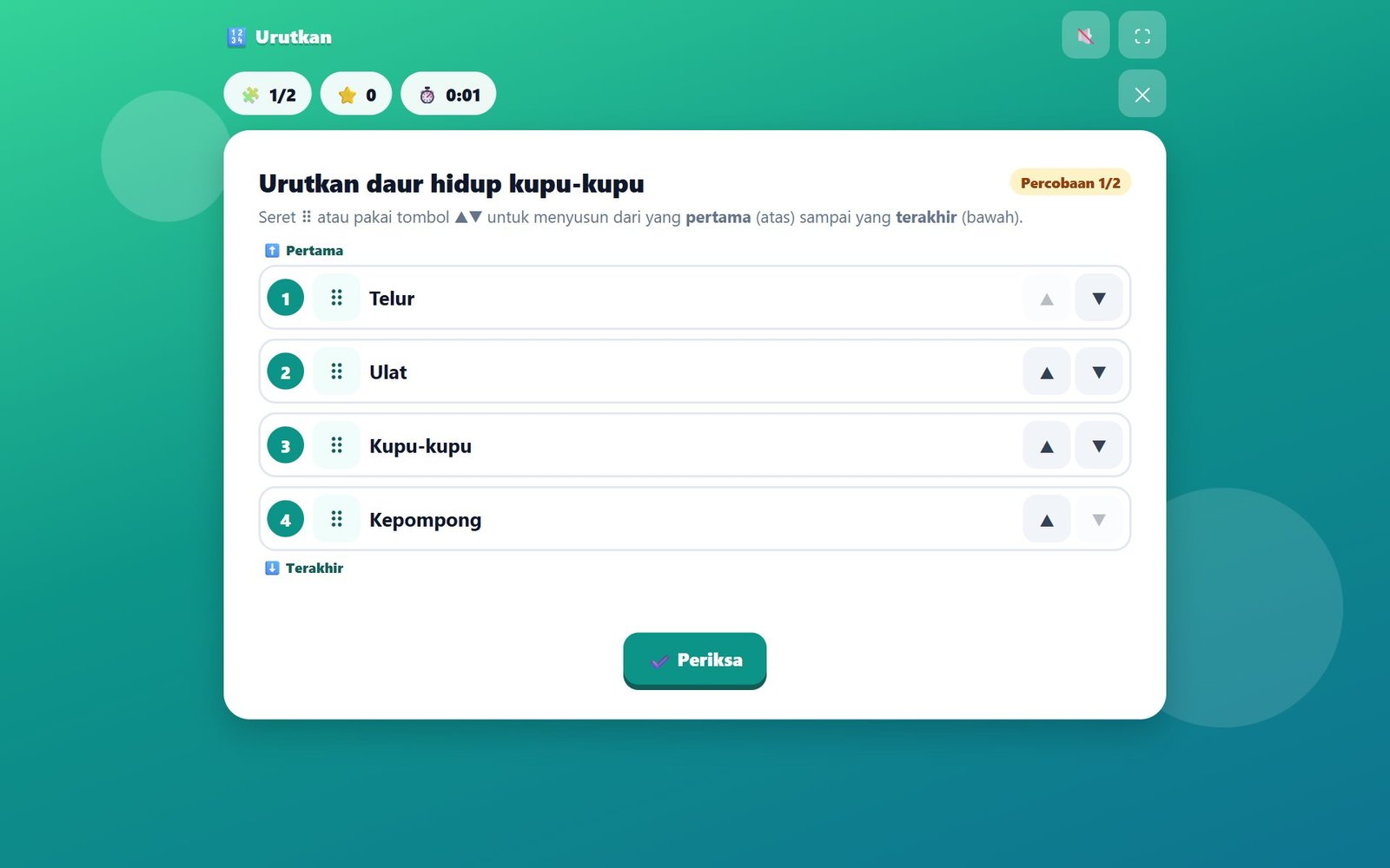 Permainan Urutkan dengan kartu yang dapat diseret