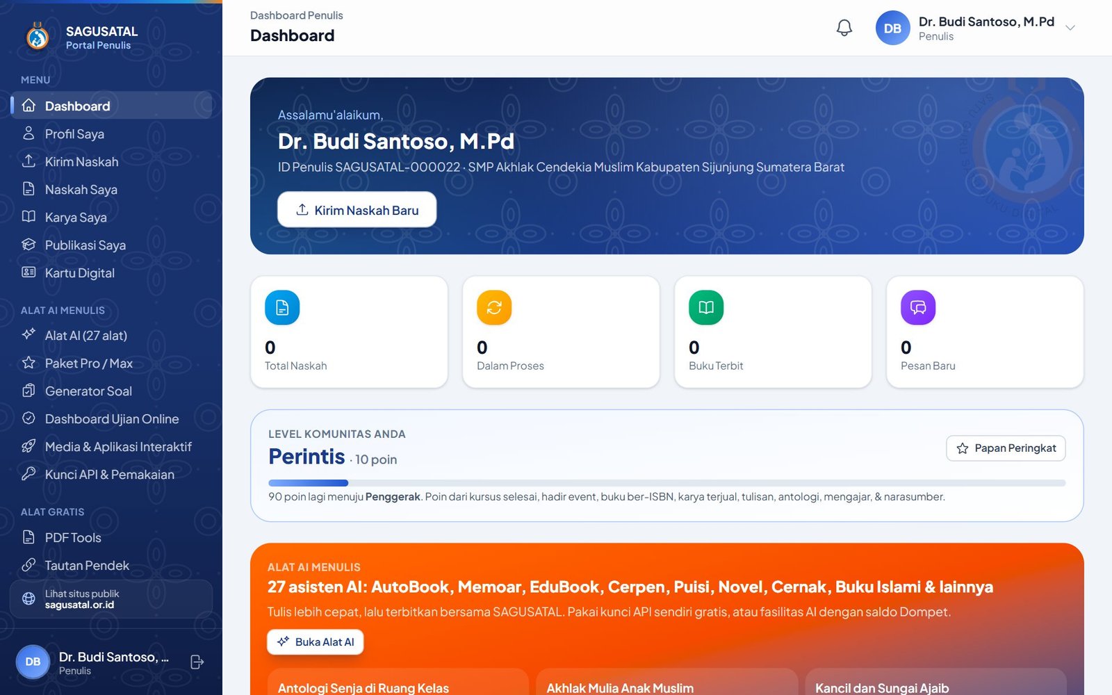 Dashboard anggota dengan ringkasan naskah, level komunitas, Alat AI, dan Dompet Digital