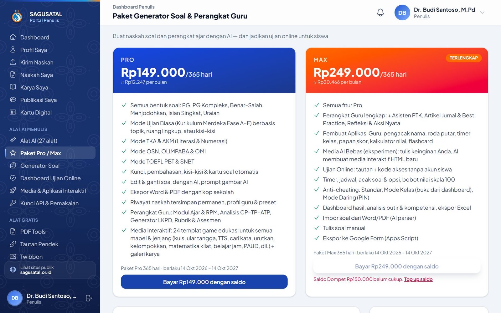 Halaman Paket Pro / Max yang membuka akses Perangkat Guru