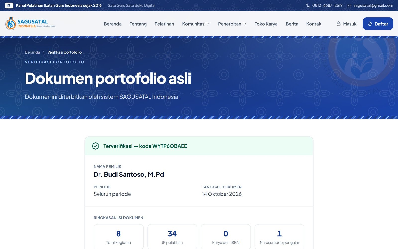 Halaman verifikasi publik dokumen portofolio: hanya nama, periode, tanggal dokumen, dan ringkasan angka