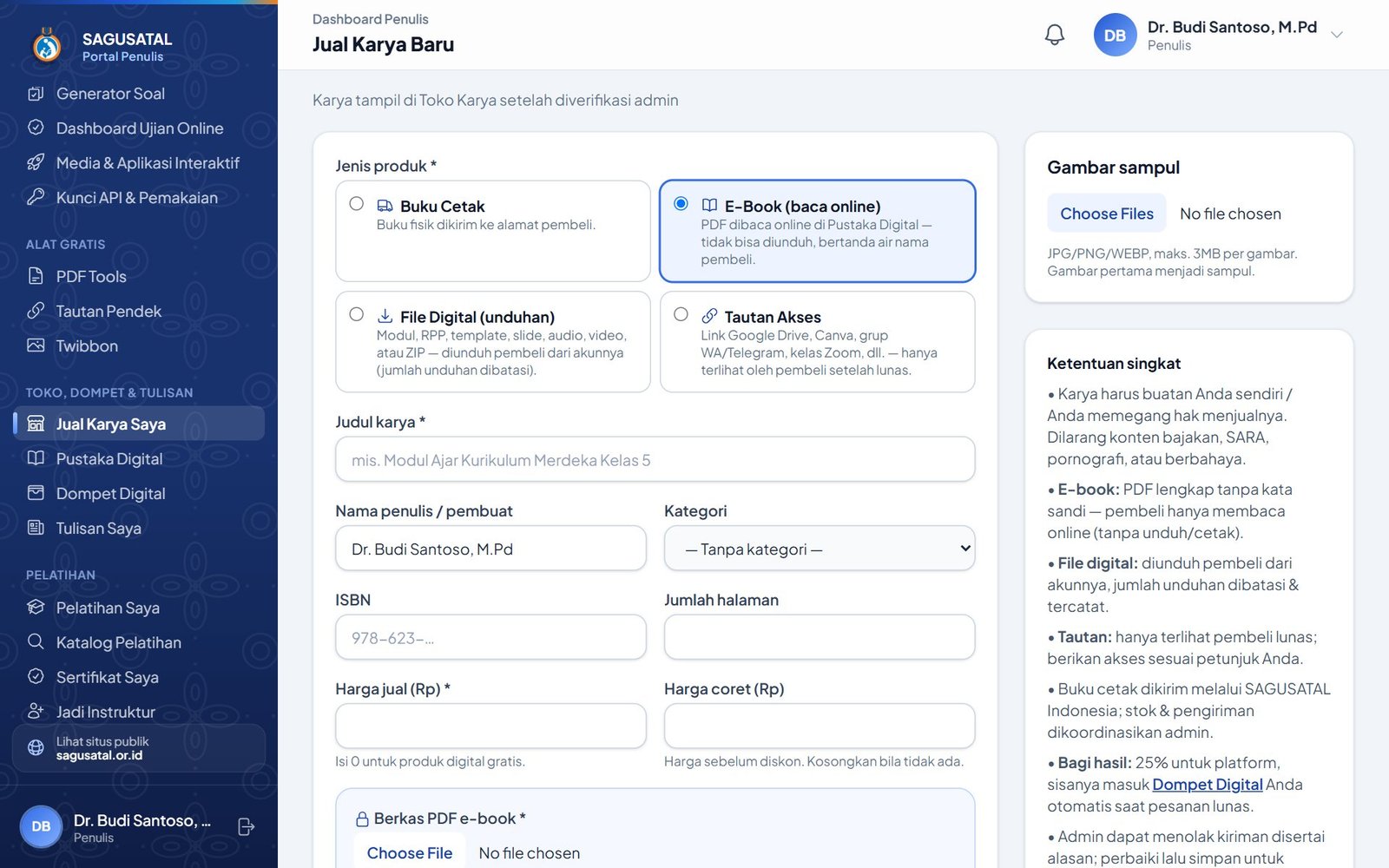 Formulir Jual Karya Baru beserta ketentuan singkat dan informasi bagi hasil